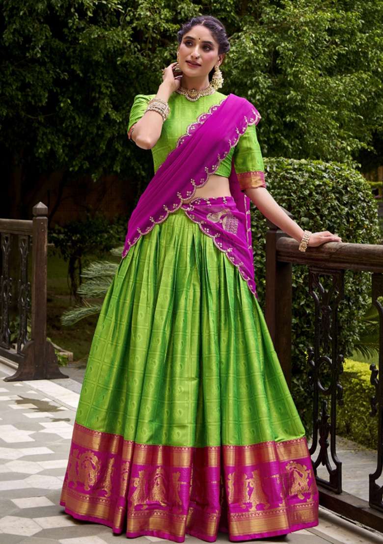 Parrot Green Zari Work Cotton Lehenga Set - Indya