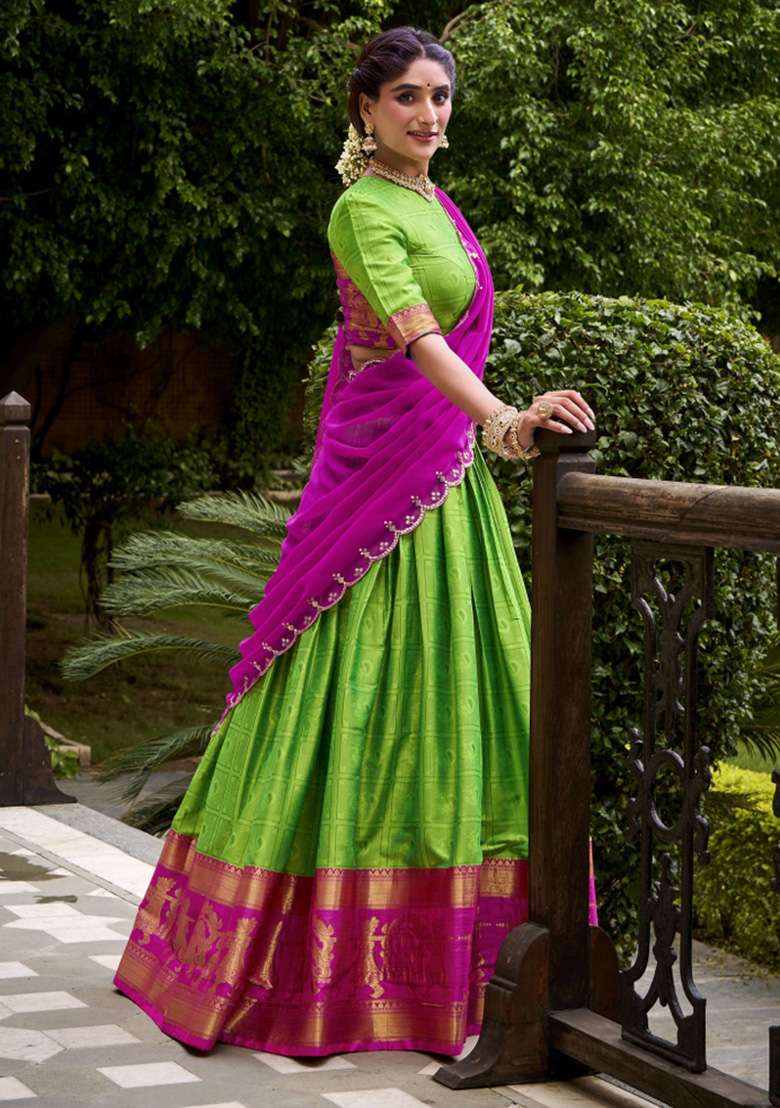 Parrot Green Zari Work Cotton Lehenga Set - Indya