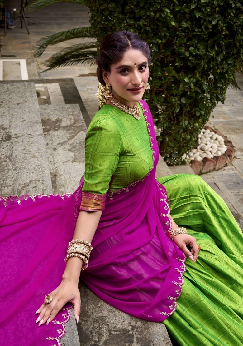 Parrot Green Zari Work Cotton Lehenga Set - Indya