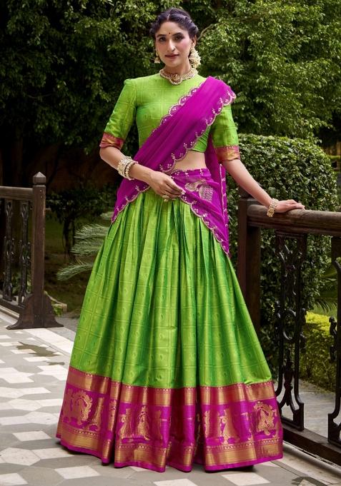 Parrot Green Zari Work Cotton Lehenga Set