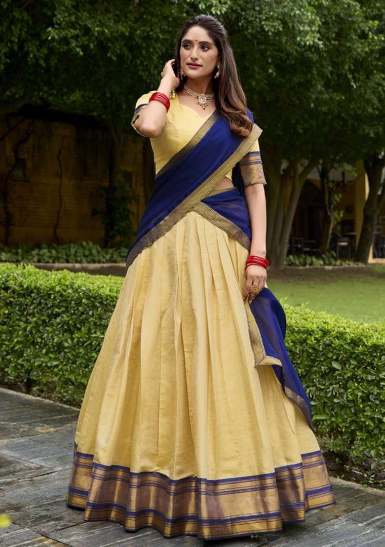 Cream Zari Work Kanjivaram Lehenga Set - Indya