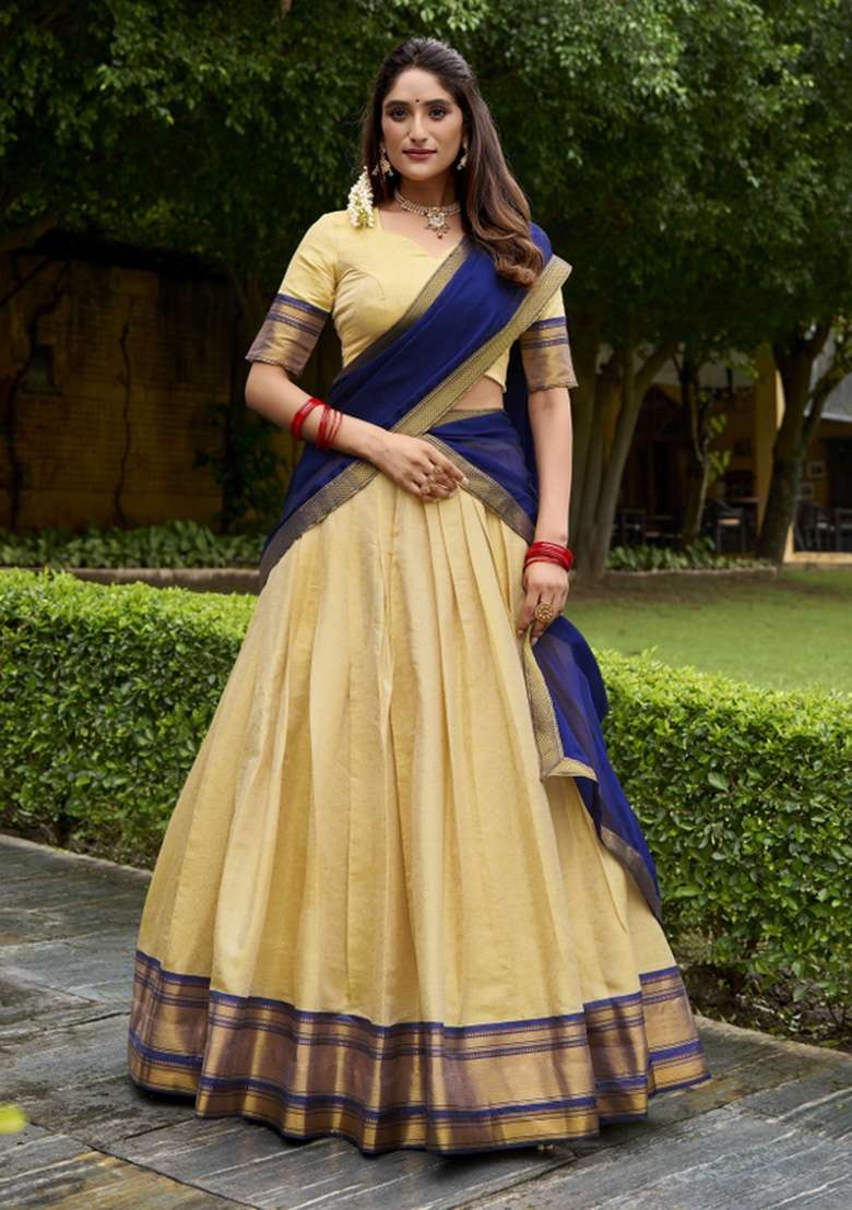 Cream Zari Work Kanjivaram Lehenga Set - Indya