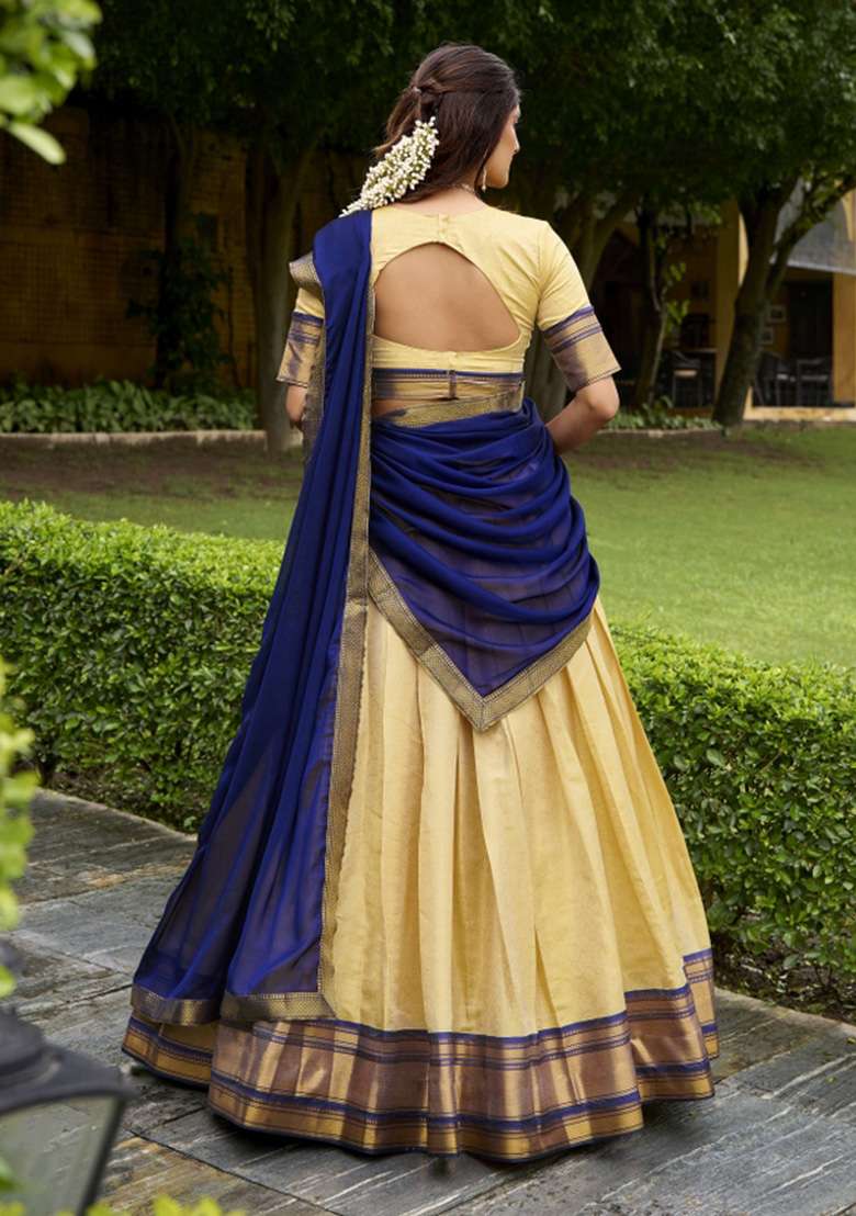 Cream Zari Work Kanjivaram Lehenga Set - Indya