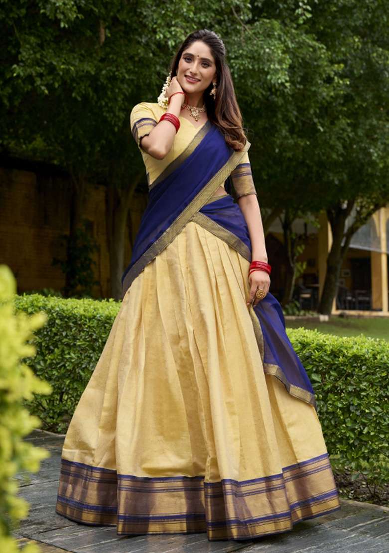 Cream Zari Work Kanjivaram Lehenga Set - Indya