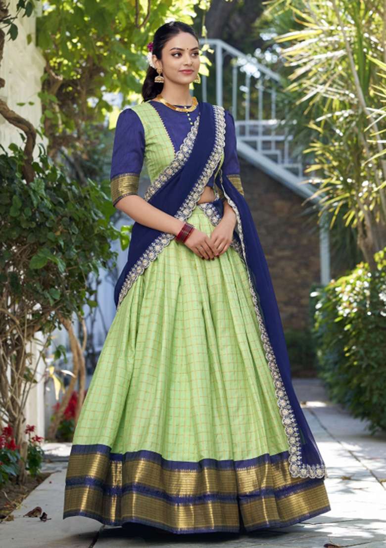 Parrot Green Zari Work Blended Lehenga Set - Indya