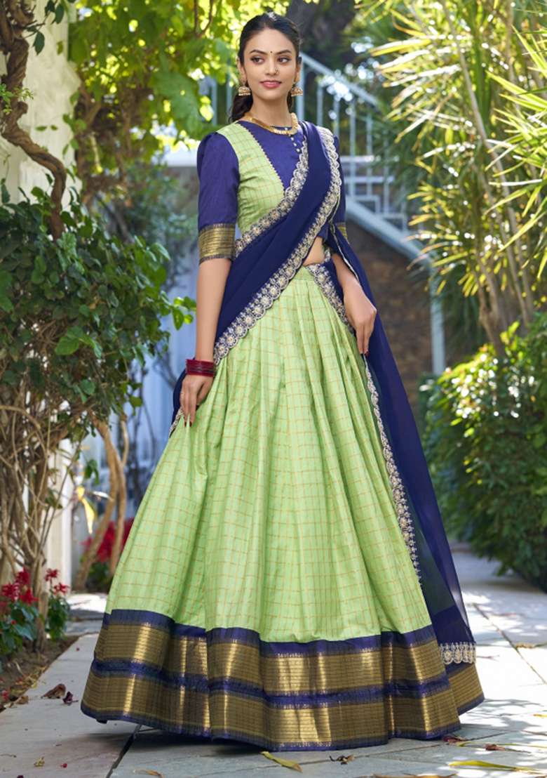 Parrot Green Zari Work Blended Lehenga Set - Indya