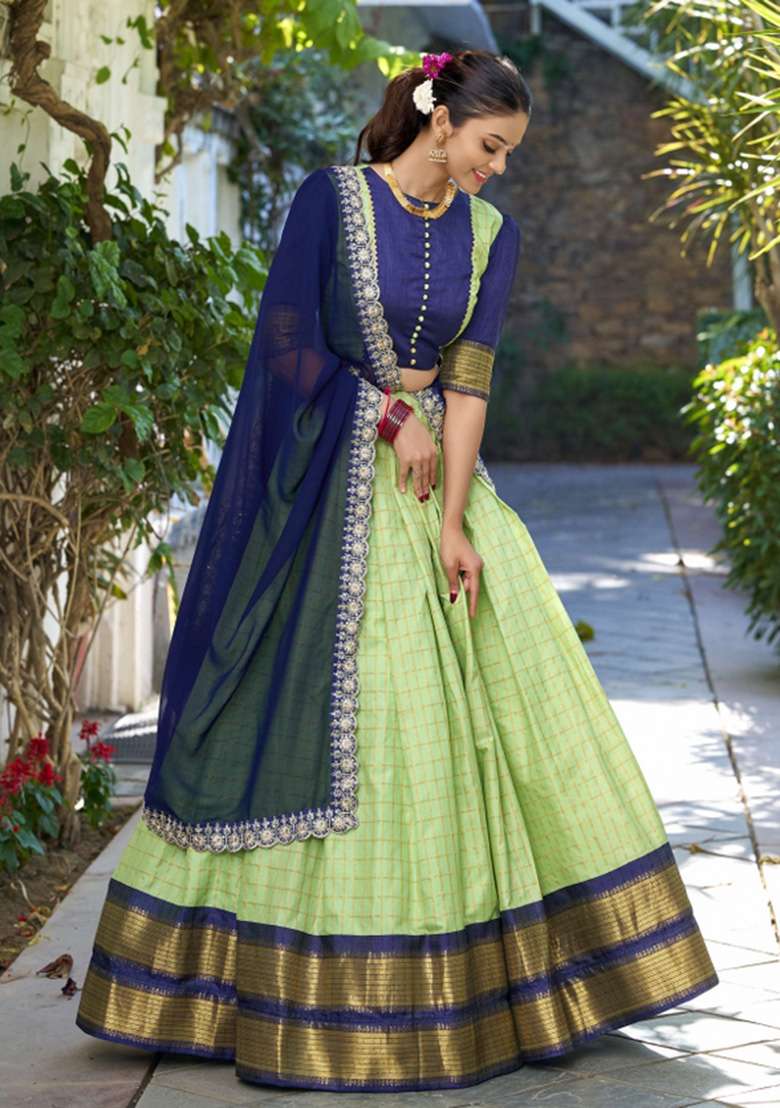 Parrot Green Zari Work Blended Lehenga Set - Indya