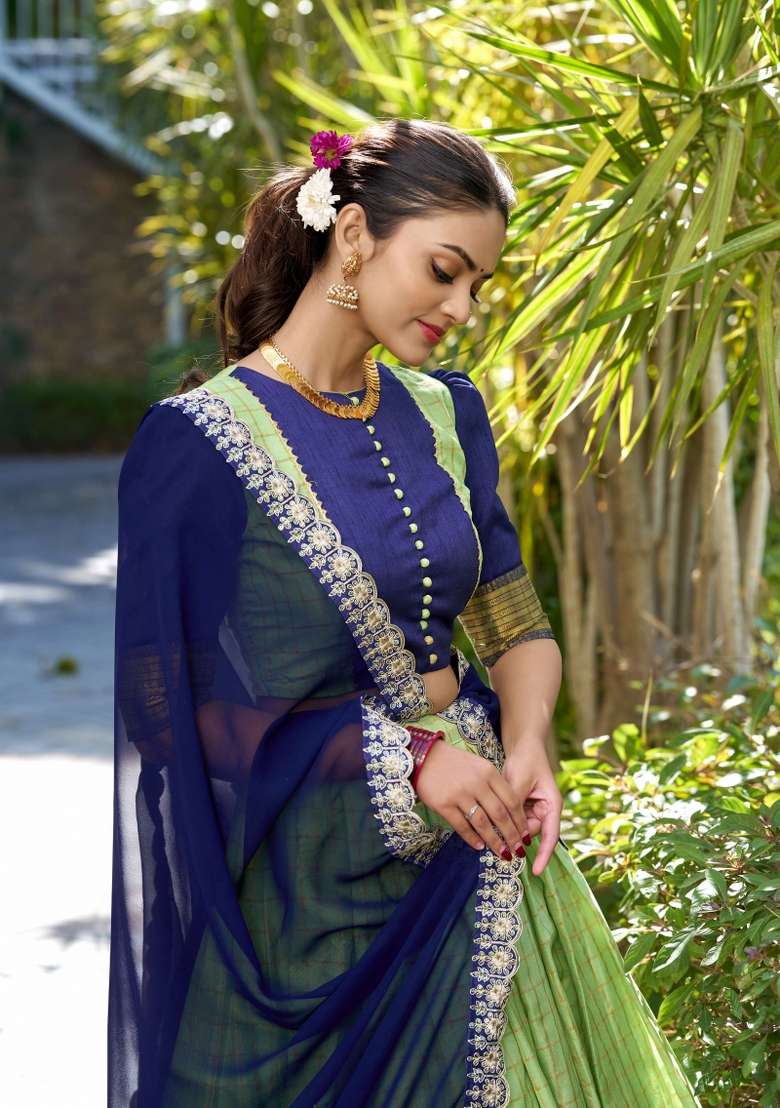 Parrot Green Zari Work Blended Lehenga Set - Indya
