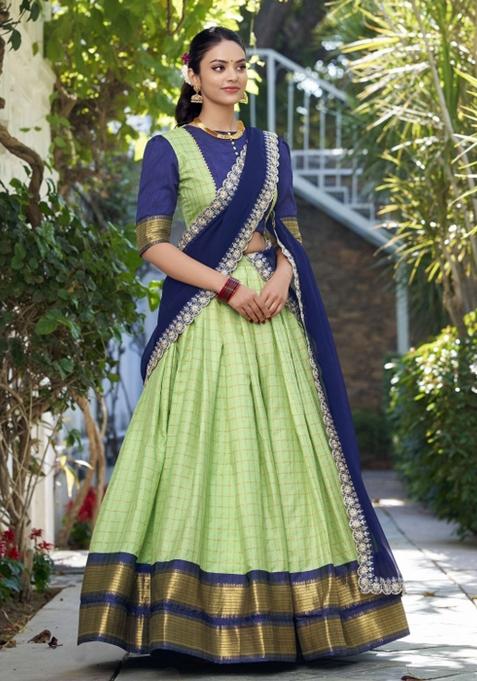 Parrot Green Zari Work Blended Lehenga Set