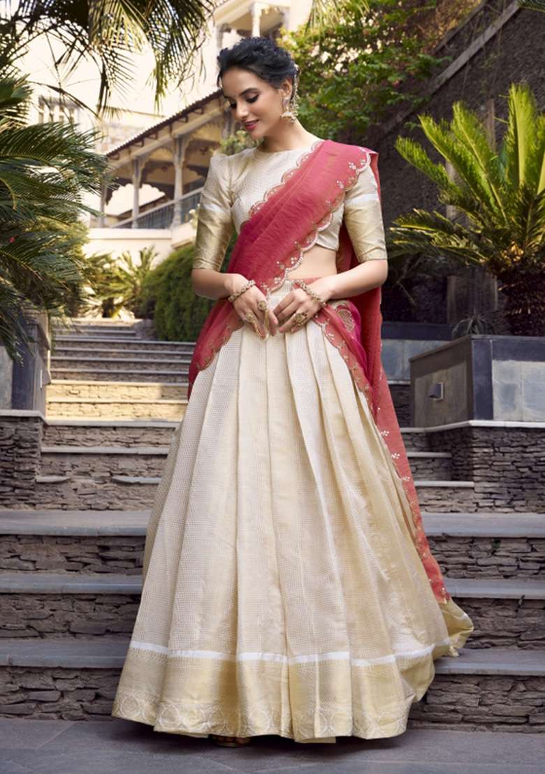 Off White Zari Work Jacquard Lehenga Set for Diwali and Festive Wear - Indya