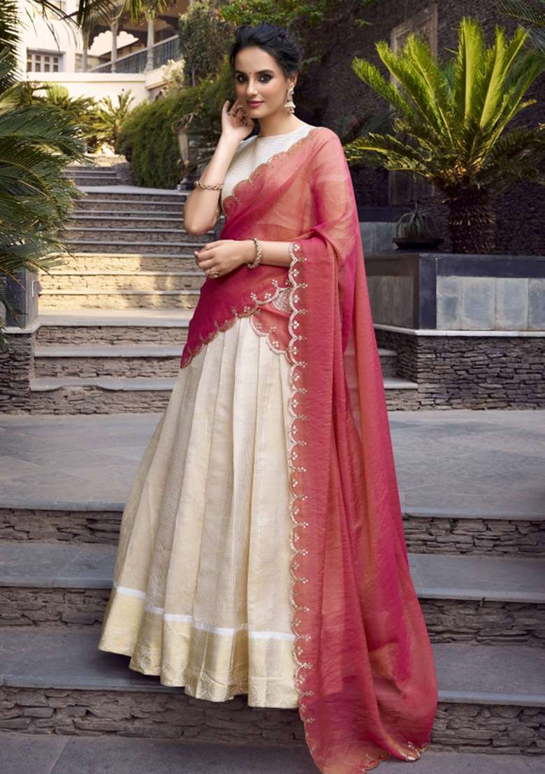 Off White Zari Work Jacquard Lehenga Set for Diwali and Festive Wear - Indya