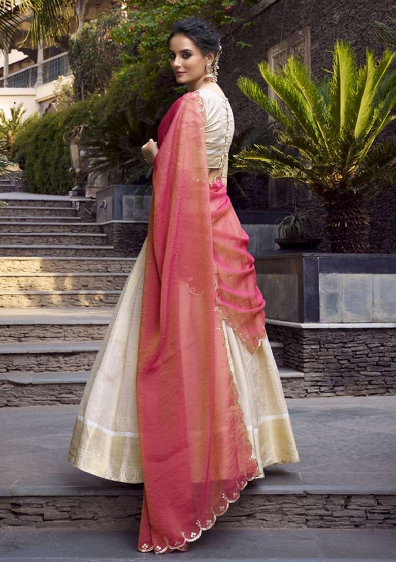 Off White Zari Work Jacquard Lehenga Set for Diwali and Festive Wear - Indya