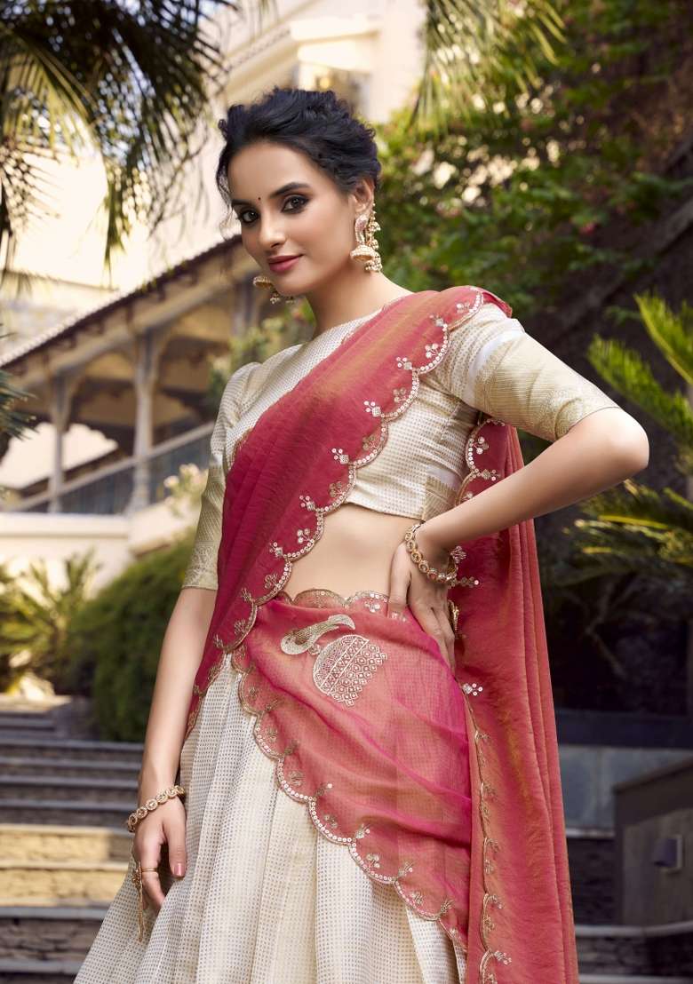 Off White Zari Work Jacquard Lehenga Set for Diwali and Festive Wear - Indya