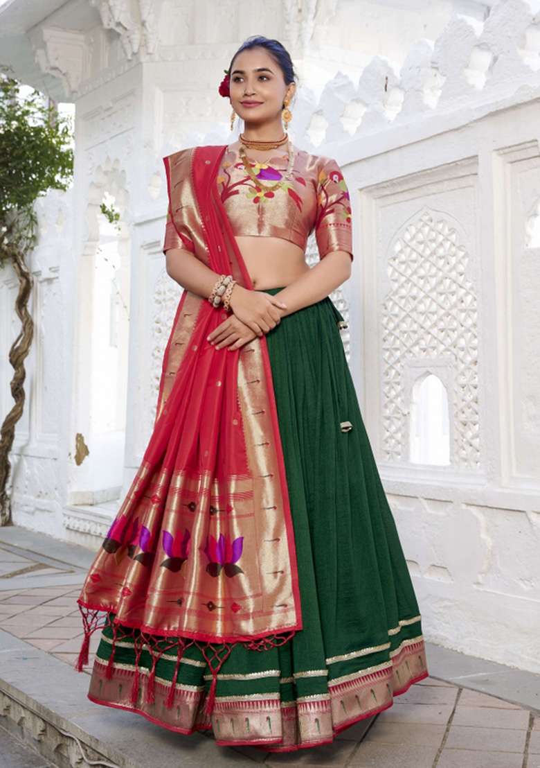 Green Solid Silk Blend Lehenga Set for Diwali and Festive Wear - Indya