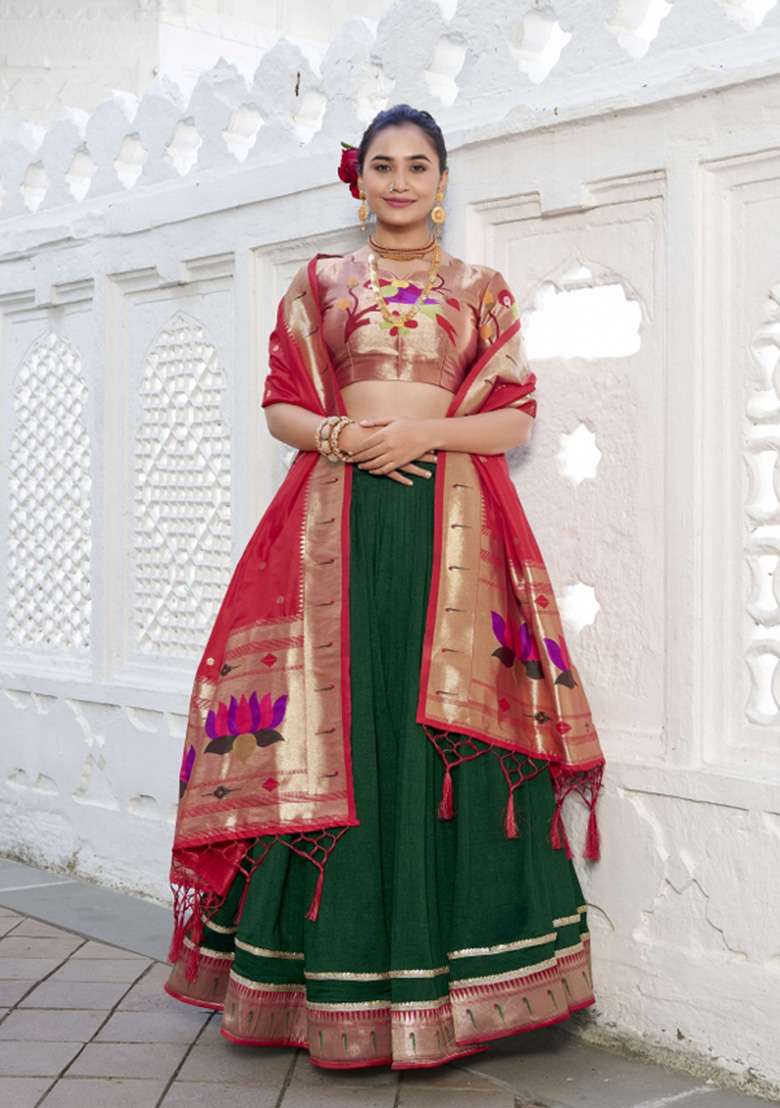 Green Solid Silk Blend Lehenga Set for Diwali and Festive Wear - Indya