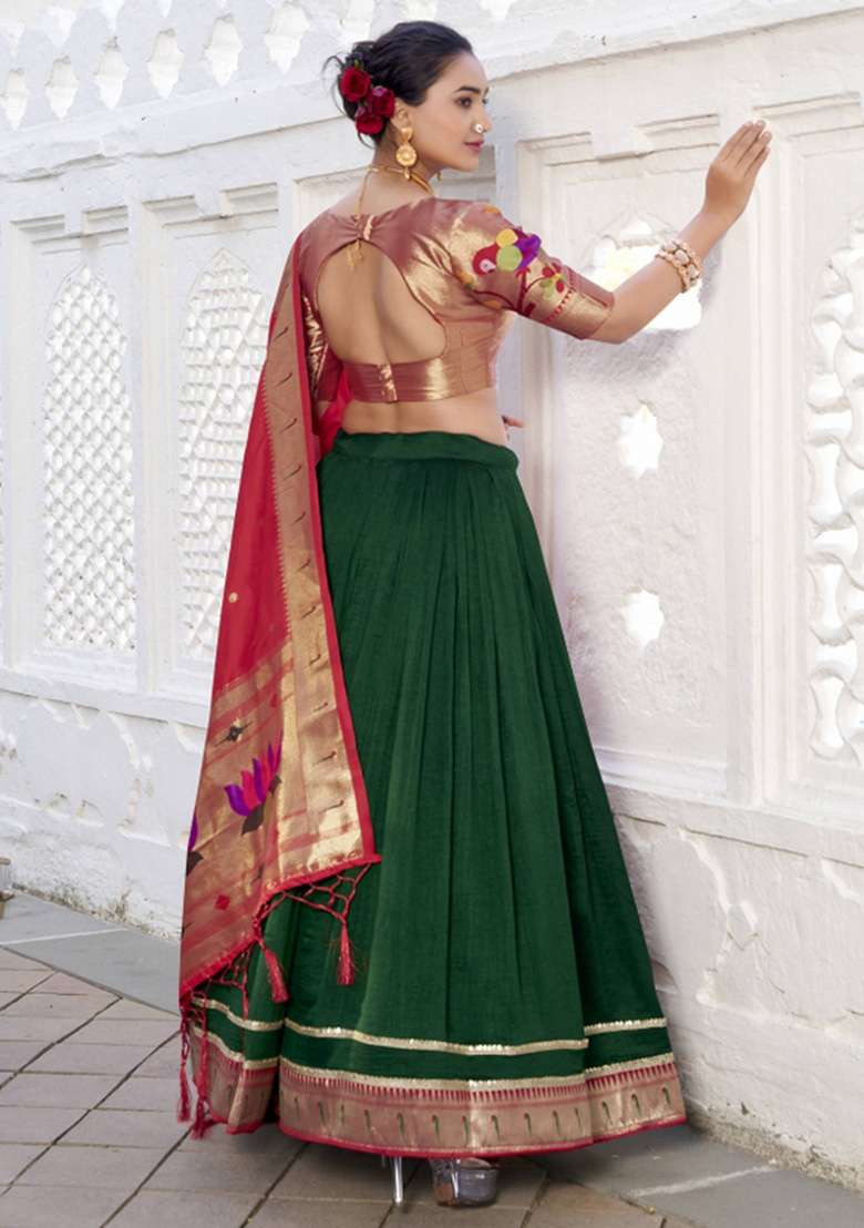 Green Solid Silk Blend Lehenga Set for Diwali and Festive Wear - Indya