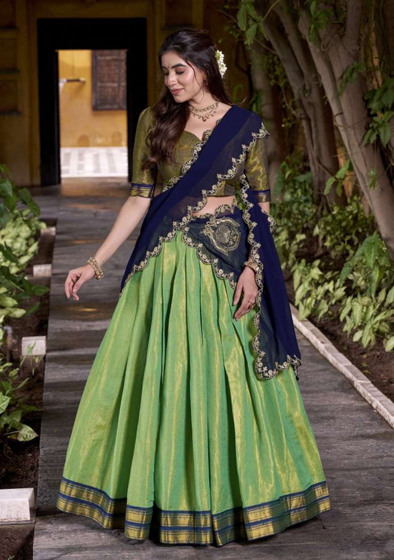 Green Zari Work Kanjivaram Lehenga Set - Indya