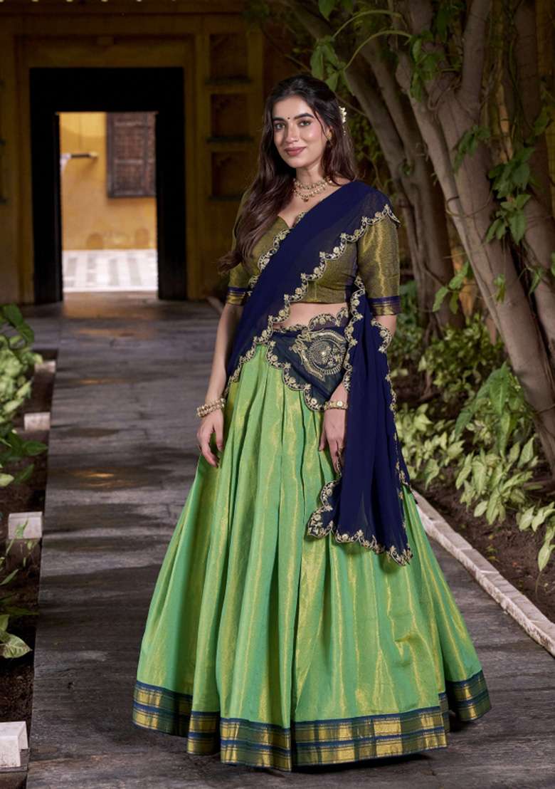 Green Zari Work Kanjivaram Lehenga Set - Indya