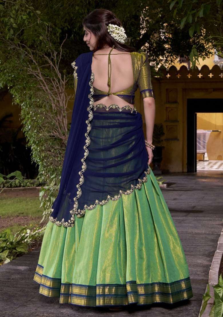 Green Zari Work Kanjivaram Lehenga Set - Indya