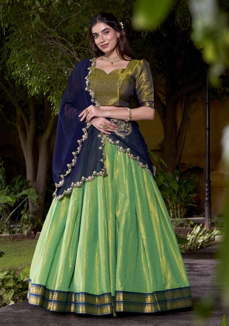 Green Zari Work Kanjivaram Lehenga Set - Indya