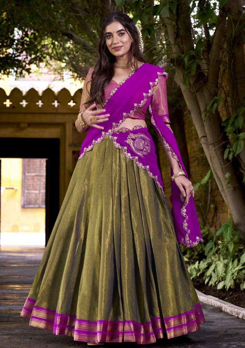 Green Zari Work Kanjivaram Lehenga Set for Diwali and Festive Wear - Indya