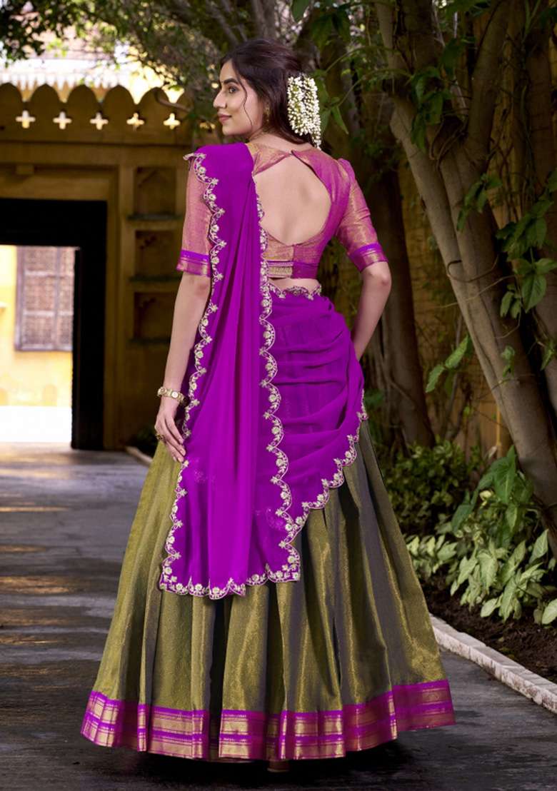 Green Zari Work Kanjivaram Lehenga Set for Diwali and Festive Wear - Indya