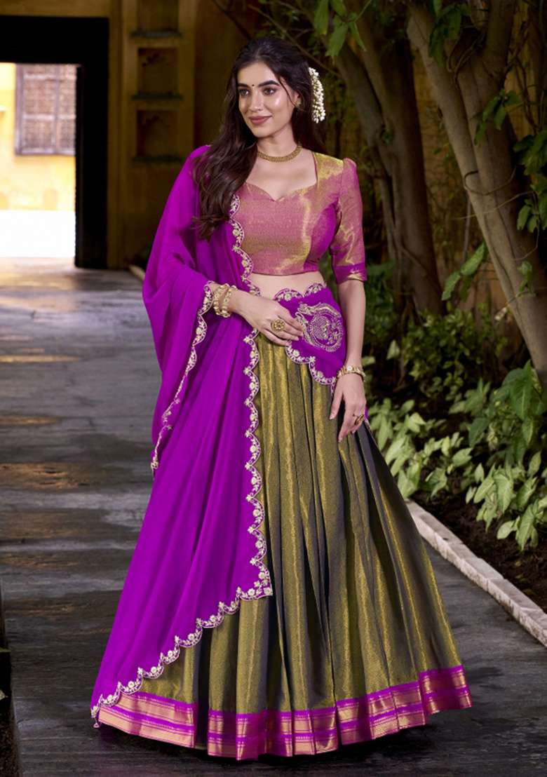 Green Zari Work Kanjivaram Lehenga Set for Diwali and Festive Wear - Indya