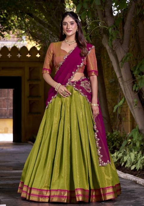 Mehendi Green Zari Work Kanjivaram Lehenga Set