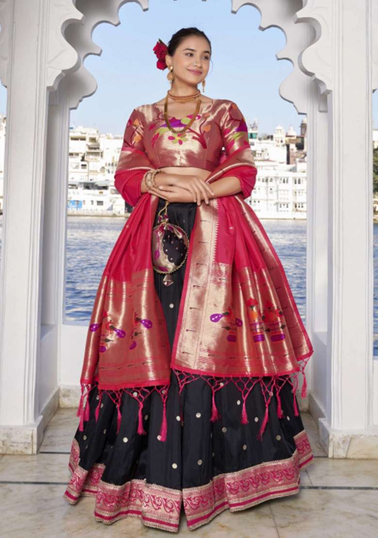 Black Zari Work Silk Blend Lehenga Set for Diwali and Festive Wear - Indya