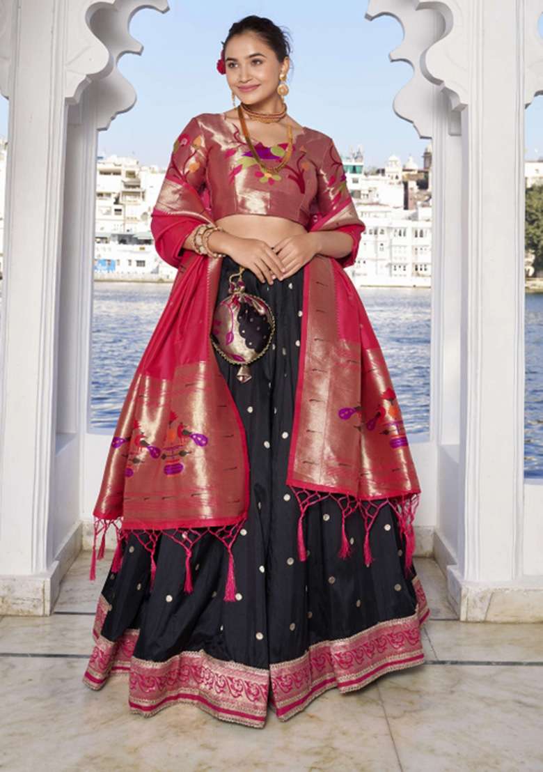 Black Zari Work Silk Blend Lehenga Set for Diwali and Festive Wear - Indya