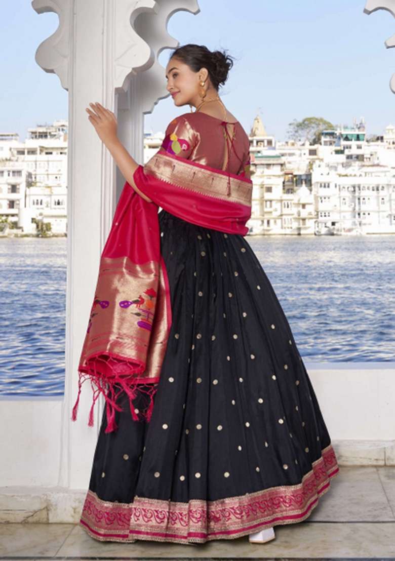 Black Zari Work Silk Blend Lehenga Set for Diwali and Festive Wear - Indya