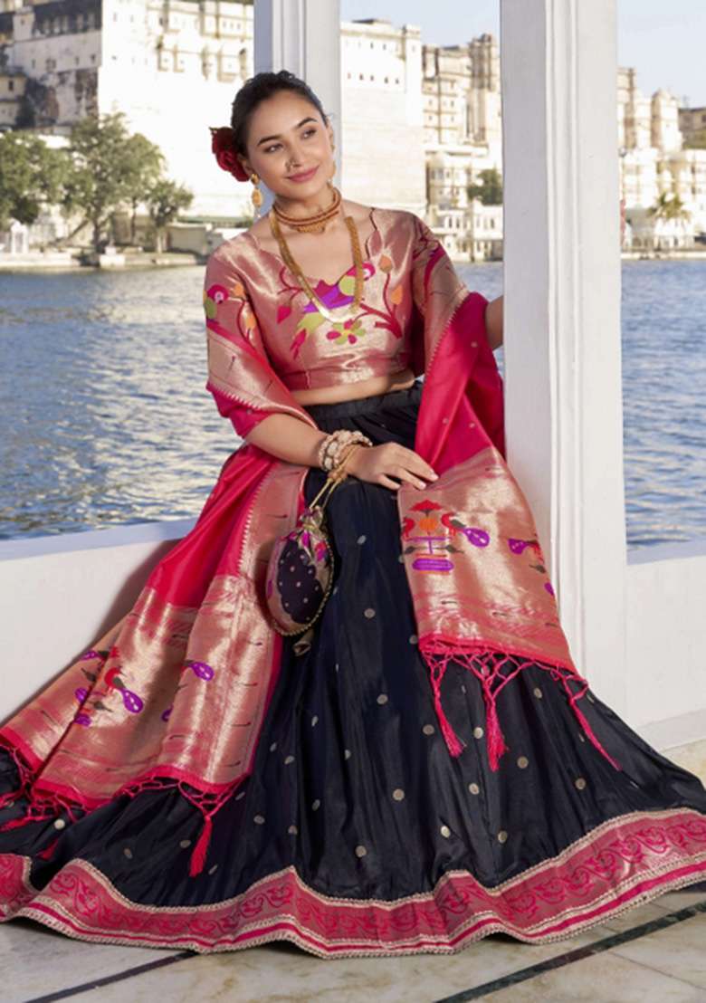 Black Zari Work Silk Blend Lehenga Set for Diwali and Festive Wear - Indya