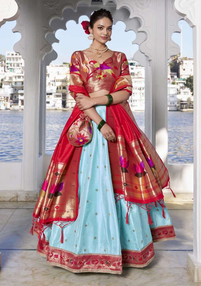 Sky Blue Silk Blend Lehenga Set with Zari Work for Diwali | Wedding & Festive Wear - Indya