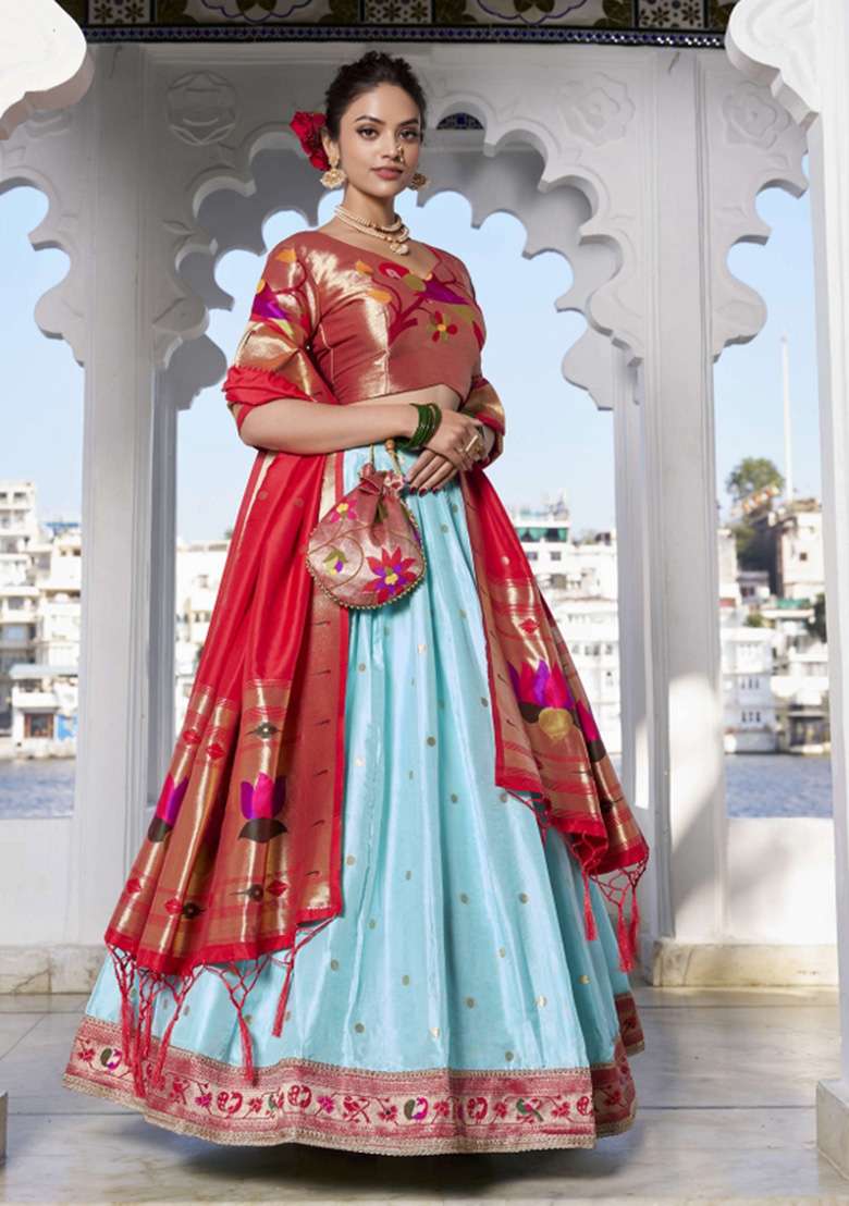 Sky Blue Silk Blend Lehenga Set with Zari Work for Diwali | Wedding & Festive Wear - Indya