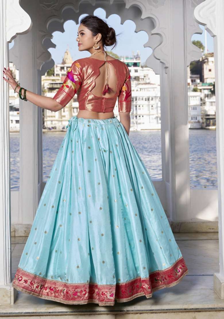 Sky Blue Silk Blend Lehenga Set with Zari Work for Diwali | Wedding & Festive Wear - Indya