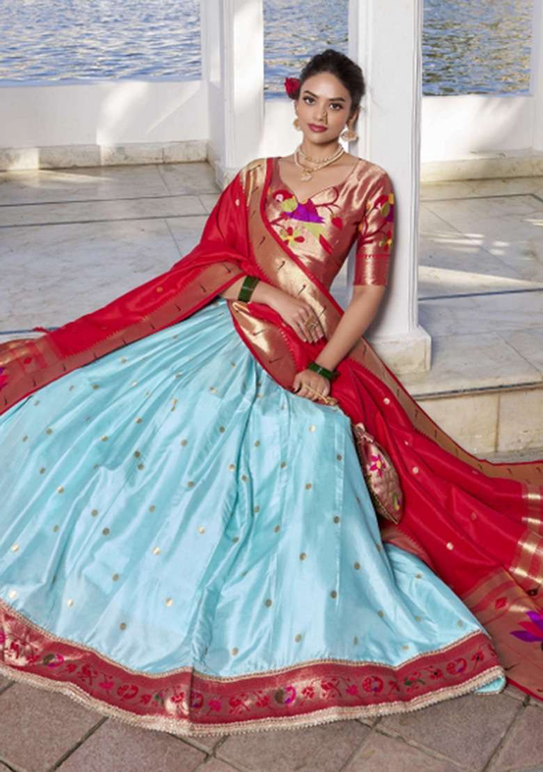Sky Blue Silk Blend Lehenga Set with Zari Work for Diwali | Wedding & Festive Wear - Indya