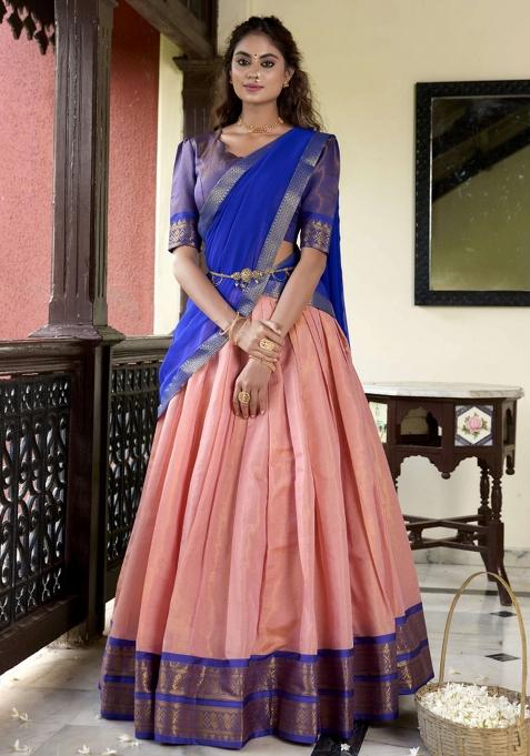 Peach Zari Work Kanjivaram Lehenga Set