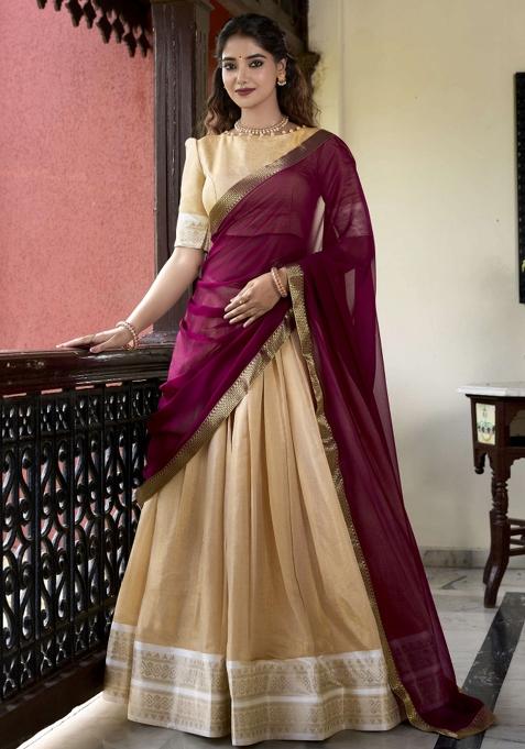 Cream Zari Work Kanjivaram Lehenga Set