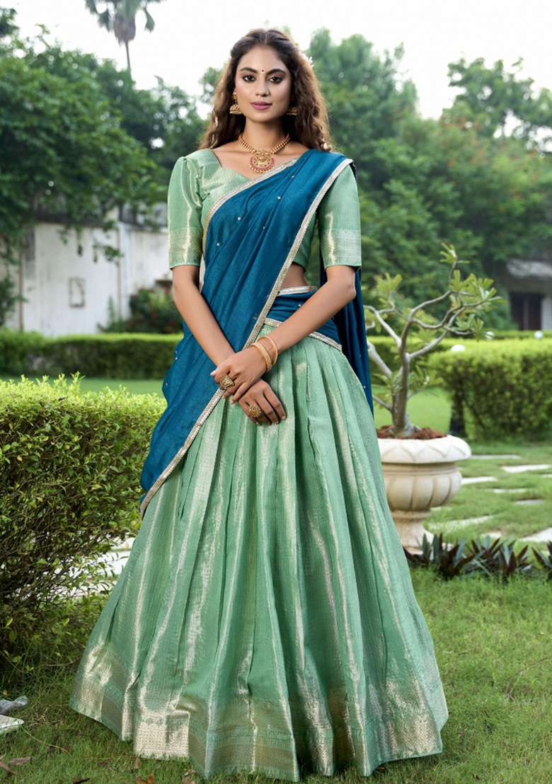 Pista Zari Work Kanjivaram Lehenga Set for Diwali and Festive Wear - Indya