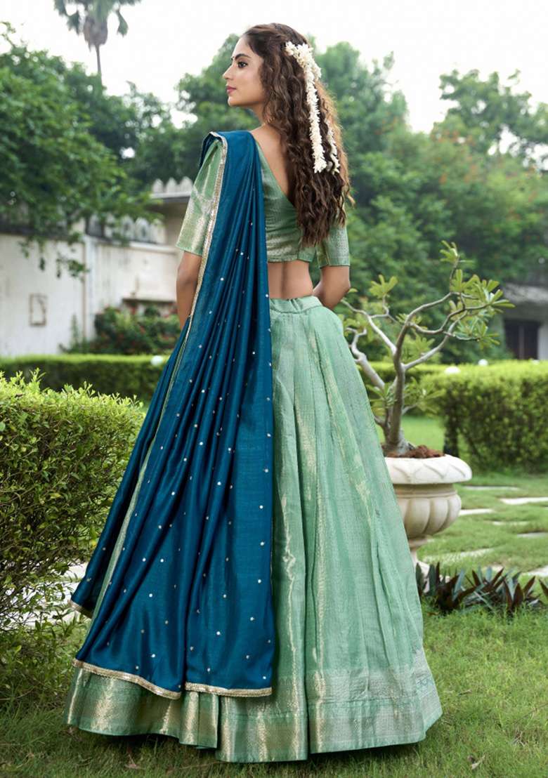 Pista Zari Work Kanjivaram Lehenga Set for Diwali and Festive Wear - Indya