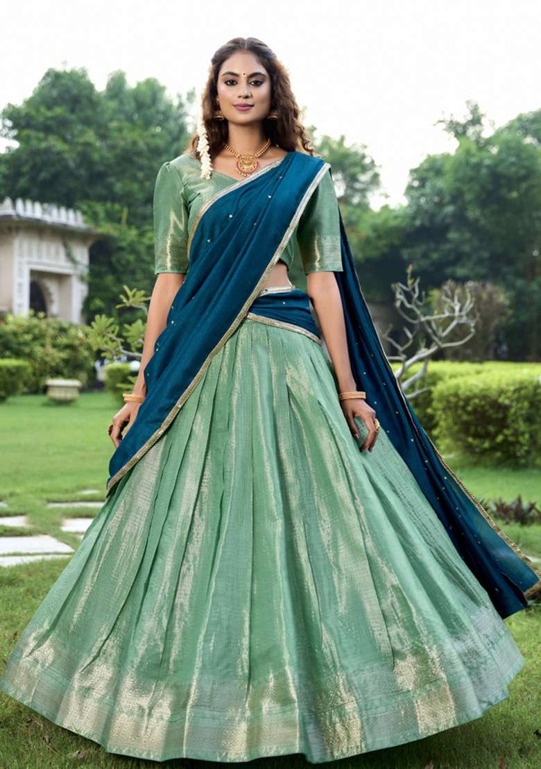 Pista Zari Work Kanjivaram Lehenga Set for Diwali and Festive Wear - Indya