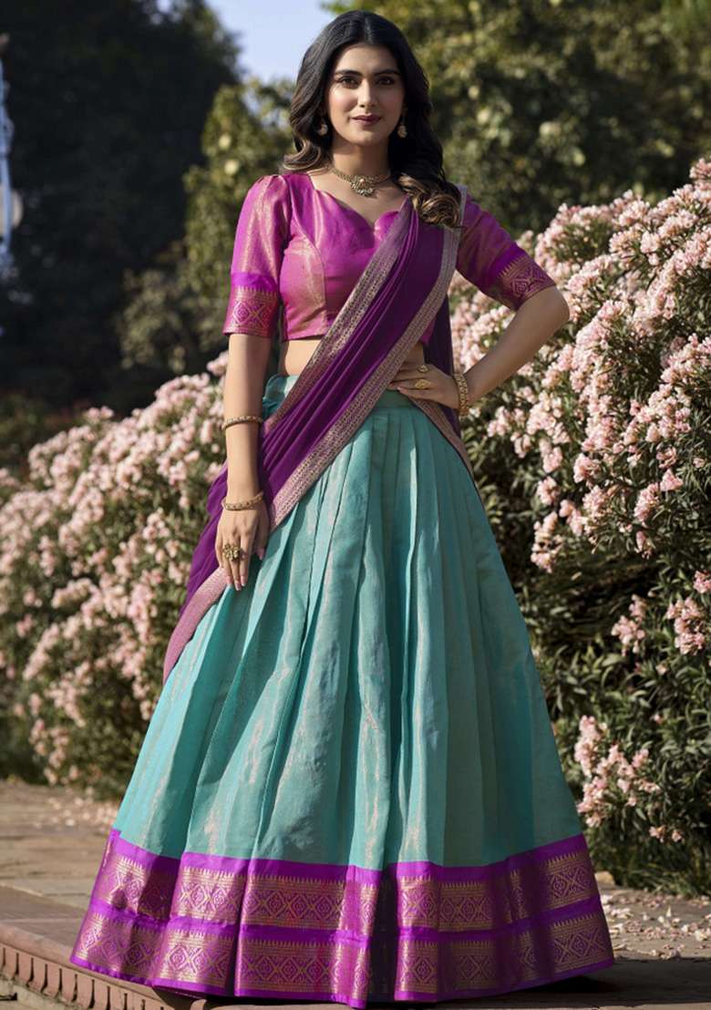 Sky Blue Zari Work Kanjivaram Lehenga Set for Diwali and Festive Wear - Indya