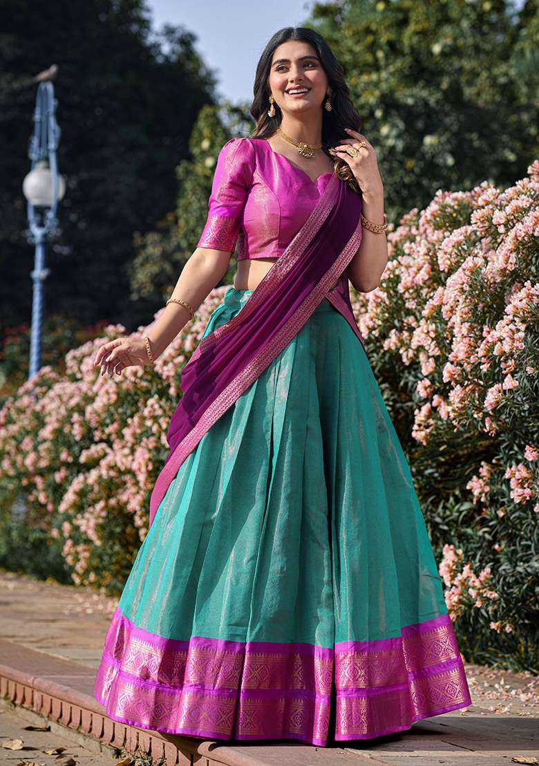 Sky Blue Zari Work Kanjivaram Lehenga Set for Diwali and Festive Wear - Indya