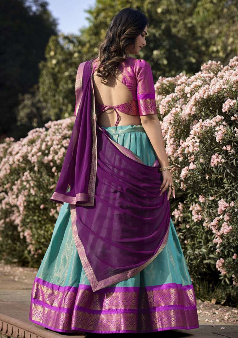 Sky Blue Zari Work Kanjivaram Lehenga Set for Diwali and Festive Wear - Indya