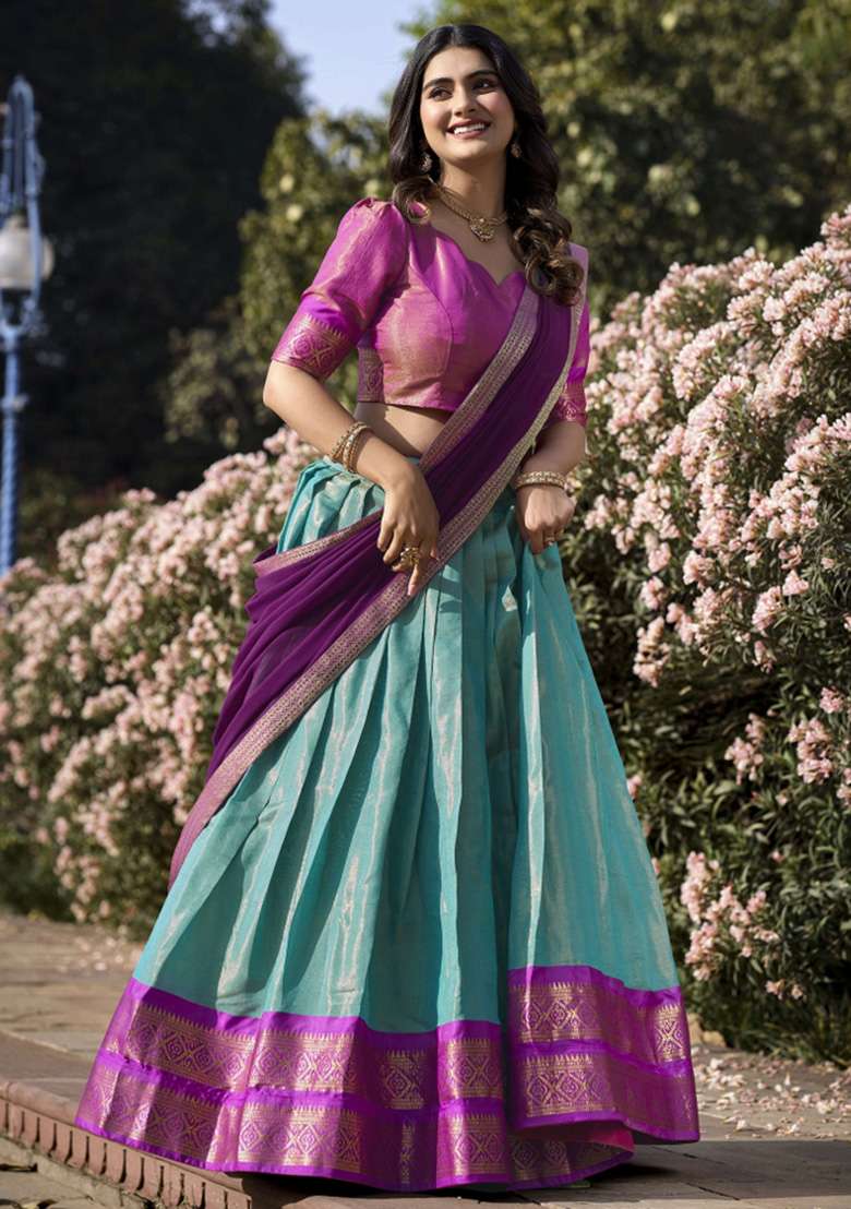Sky Blue Zari Work Kanjivaram Lehenga Set for Diwali and Festive Wear - Indya
