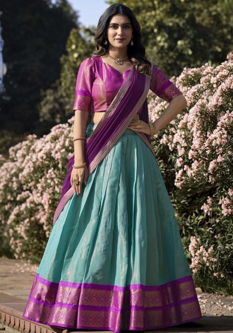 Sky Blue Zari Work Kanjivaram Lehenga Set