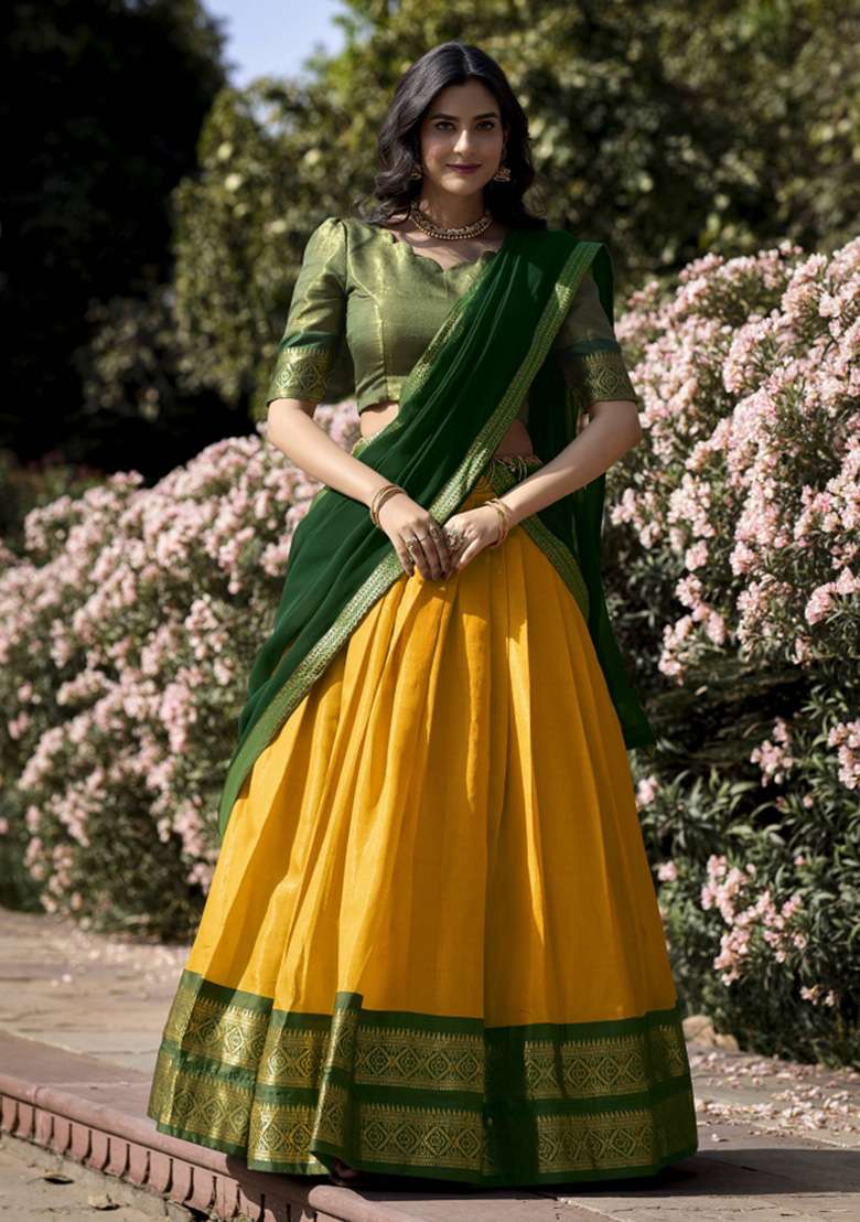 Yellow Zari Work Kanjivaram Lehenga Set for Diwali and Festive Wear - Indya