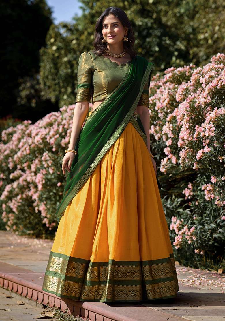 Yellow Zari Work Kanjivaram Lehenga Set for Diwali and Festive Wear - Indya