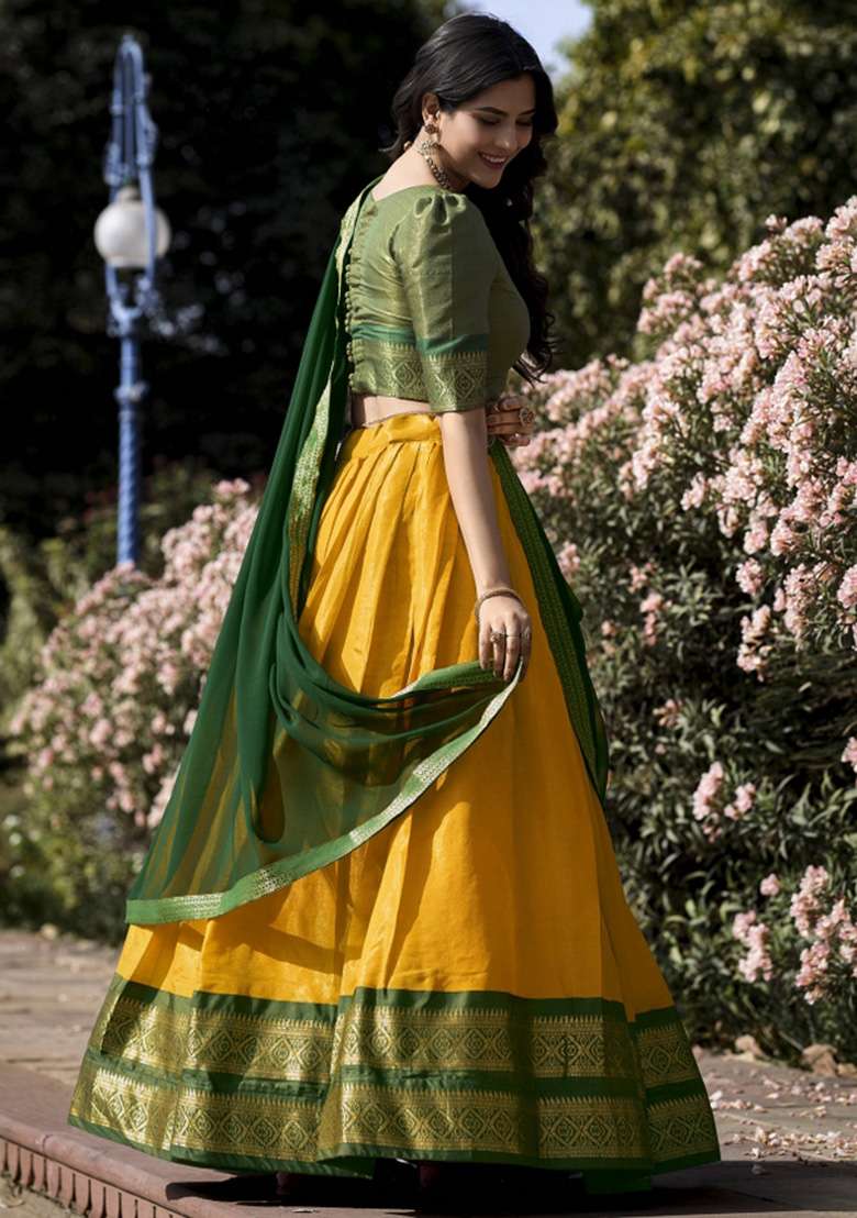 Yellow Zari Work Kanjivaram Lehenga Set for Diwali and Festive Wear - Indya