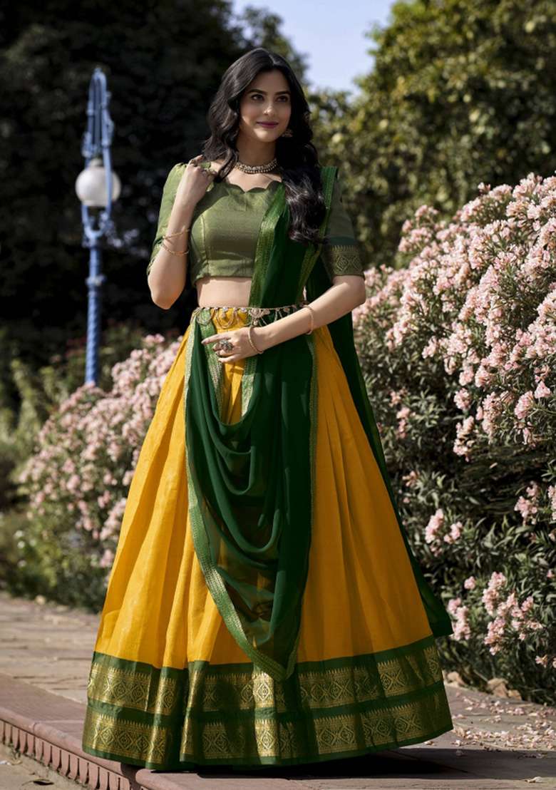 Yellow Zari Work Kanjivaram Lehenga Set for Diwali and Festive Wear - Indya